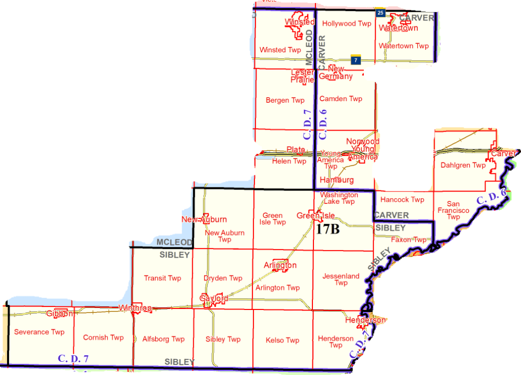 Map of Minnesota House District 17B showing Sibley, McLeod, and Carver counties