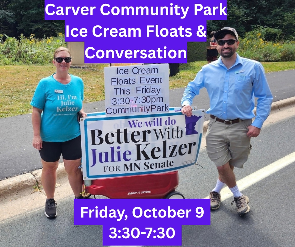 Julie Kelzer and Ben Wieman promoting the Carver Community Park Ice Cream Floats event